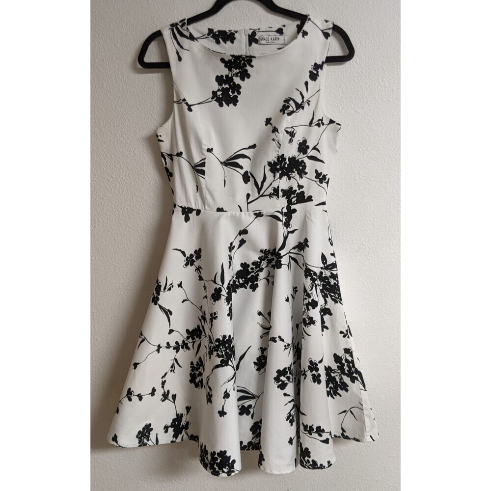 GRACE KARIN Black/White Floral Sleeveless Classic Fit & Flare Dress M